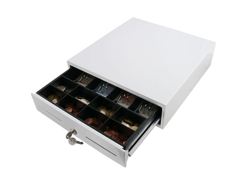 AC-3330 - Entry-Level Cash Drawer Baby Plus - Glossy White RAL9003 - EPSON Connection (RJ12), Customizable Coin Insert (C3330)