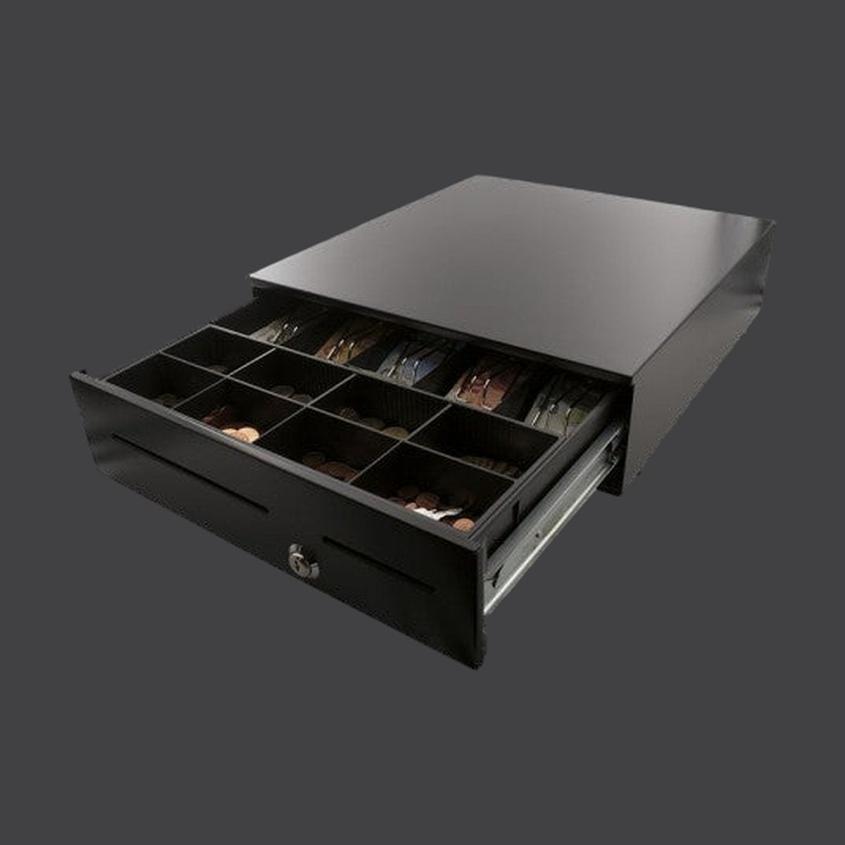 AC-4280 - High End Metall-Kassenlade mit 8 Münzfächern und 5 Scheinfächern, kugelgegelagert, DC24V RJ12 mit Micro Switch, Schwarz