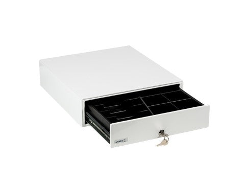 MDX 13E - Metall-Kassenschublade, Euro-Einsatz, 8 Münzfächer, 5 Notenfächer, Mikroschalter 24V, weiss glänzend