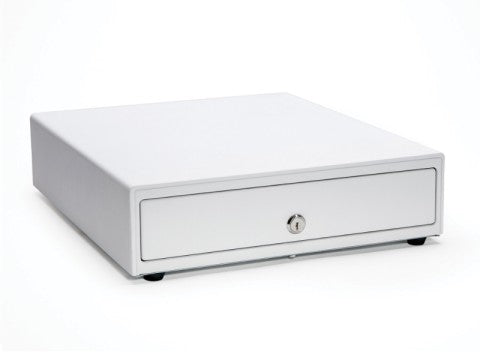 CD4-1416 - Kassenlade, Edelstahlfront, Frontöffnung, 4 Banknotenfächer, 8 Münzschalen, RJ12-KIT, weiss