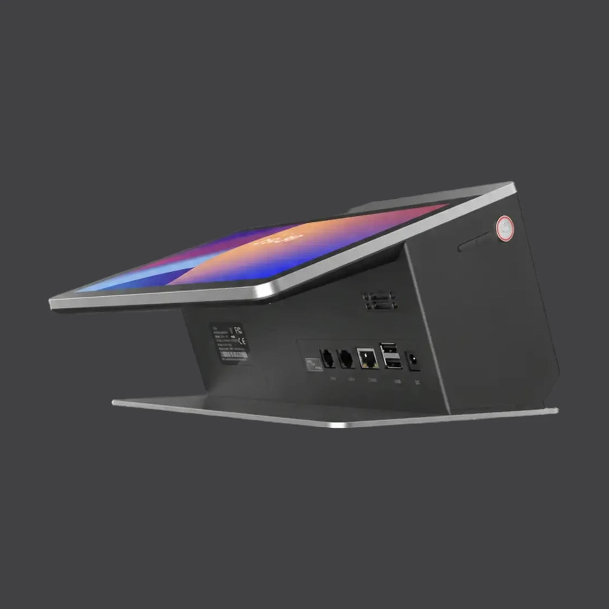 Falcon 1 - 10.1" Touchsystem, Android 11 GMS ( ! KEINE KASSENLADENFUNKTION ! ), 80mm Thermodrucker, 2.4" LCD-Kundendisplay, NFC, 4G, 4GB RAM, 32GB ROM – weitere Ansicht auf einheitlichem Anthrazit-Hintergrund