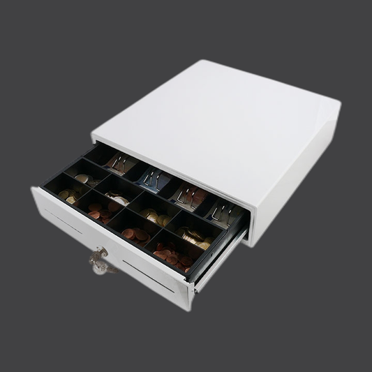 AC-3330 - Einstiegs-Kassenlade Baby Plus - glänzend weiß RAL9003 - EPSON-Anschluss (RJ12), anpassbarer Münzeinsatz (C3330)