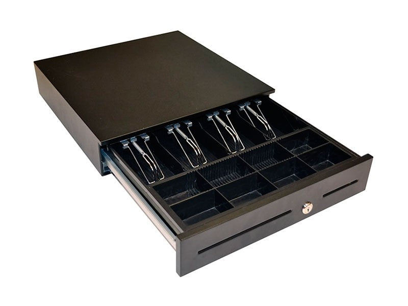 ECD410 - Cash Drawer, Front Opening, 4 Banknote Compartments, 8 Coin Cups, 24V (hardwired), RJ11, Black
