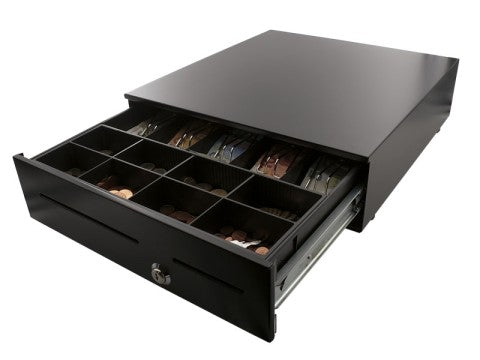 AC-4280 - High End Metall-Kassenlade mit 8 Münzfächern und 5 Scheinfächern, kugelgegelagert, DC24V RJ12 mit Micro Switch, Schwarz