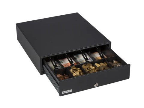 MDX 13 - Metall-Kassenschublade, Standard Einsatz, 5 Münzfächer, 4 Notenfächer, Mikroschalter 24V, anthrazit