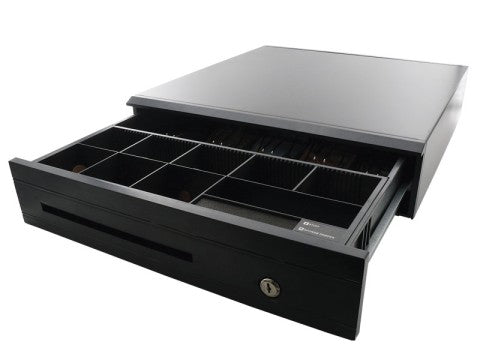 AC-4250 - Metall-Kassenlade mit 8 Münzfächern und 5 Scheinfächern, Kunststofffront, DC24V RJ12 mit Micro Switch, Schwarz