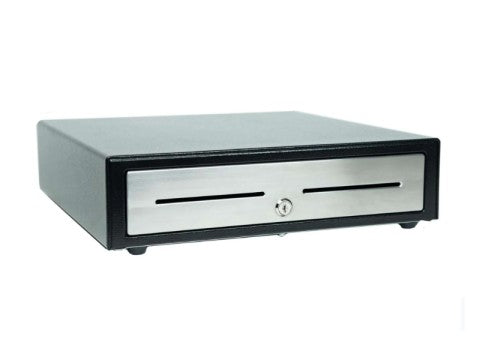 CD4-1616 - Kassenlade, Edelstahlfront, Frontöffnung, 4 Banknotenfächer, 8 Münzschalen, 2 Scheckschlitze, RJ12-KIT, schwarz