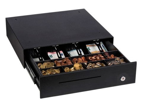 MDX 39 - Metall-Kassenschublade, Standard Einsatz, 9 Münzfächer, 4 Notenfächer, Belegschlitz, Mikroschalter 24V, anthrazit