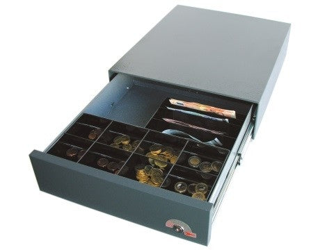 35E - elektrische Geldschublade, Unterbau-Modell, 4 Banknotenfächer (schräg), 8 Münzbehälter, Anthrazitgrau