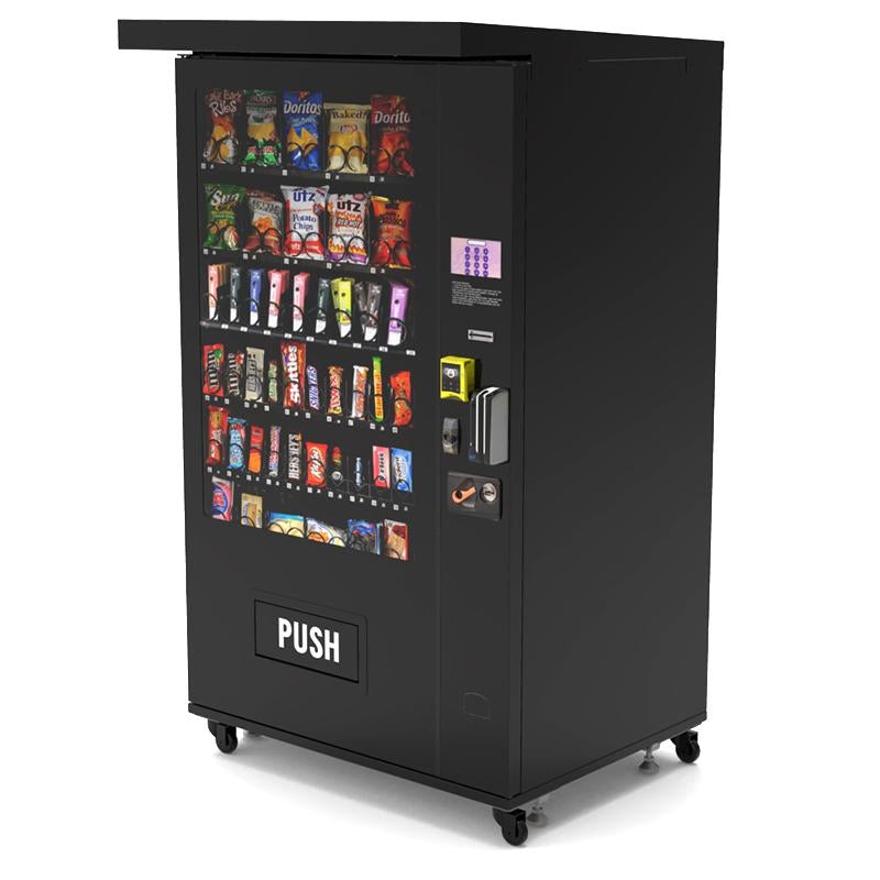 Premium Age Snackautomat – schwarze Seitenansicht mit Wetterschutz