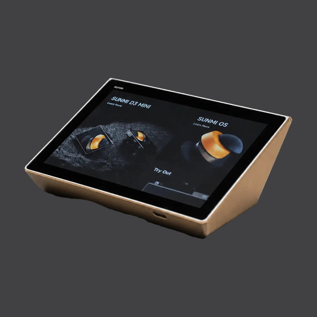 D3 mini - Touchsystem, 10.1" Widescreen Display, Preisanzeige, 58mm Bondrucker, Android 13, NFC – weitere Ansicht auf einheitlichem Anthrazit-Hintergrund