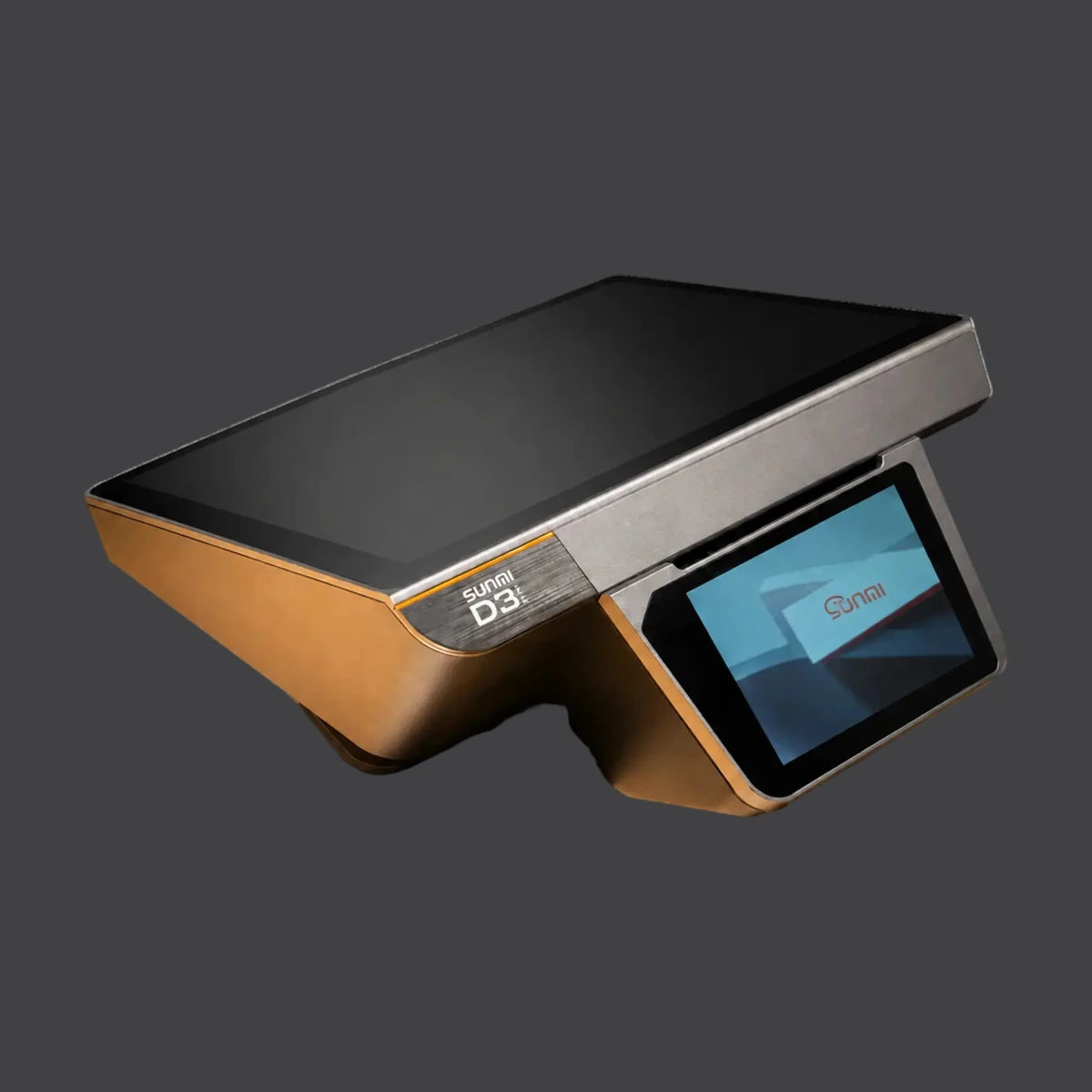 D3 mini - Touchsystem, 10.1" Widescreen Display, LCD Kundendisplay, 80mm Bondrucker, Android 13 mit GMS, NFC, Fingerabdruckleser – weitere Ansicht auf einheitlichem Anthrazit-Hintergrund