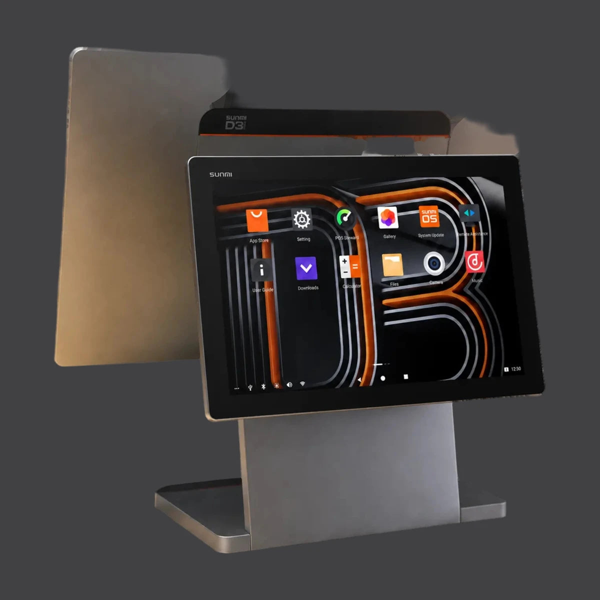 D3 PRO - Touchsystem, 15.6" Widescreen Display, Android 13 – weitere Ansicht auf einheitlichem Anthrazit-Hintergrund