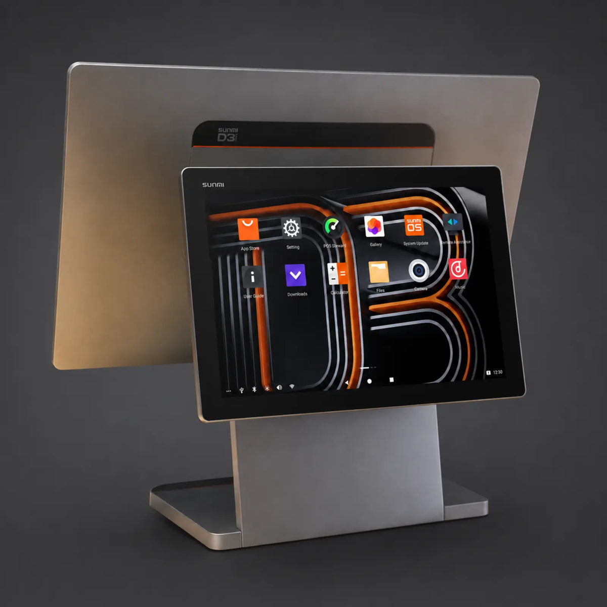D3 PRO - Touchsystem, 15.6" Widescreen Display, Android 13 mit GMS, Fingerabdruckleser – weitere Ansicht auf einheitlichem Anthrazit-Hintergrund