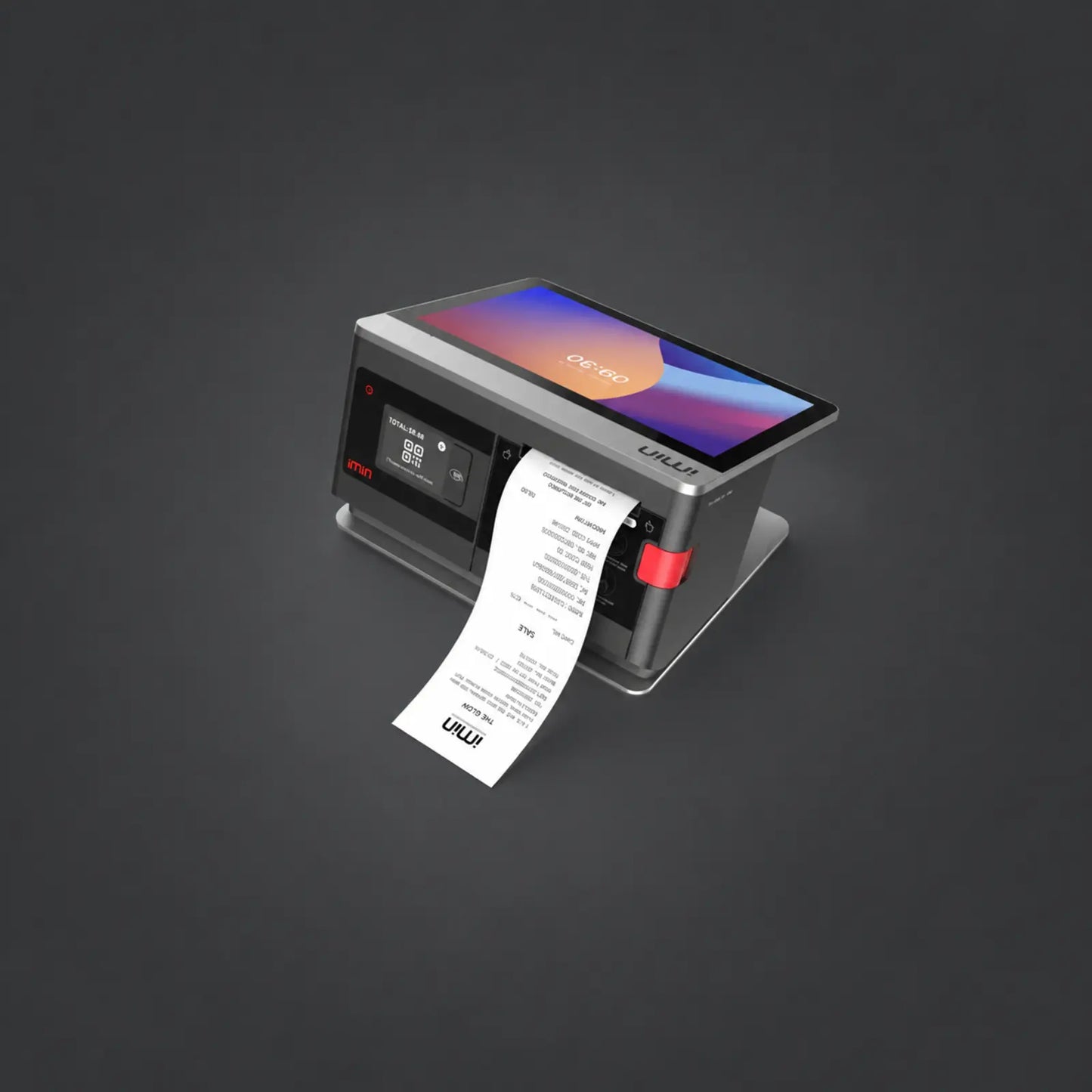 Falcon 1 - 10.1" Touchsystem, Android 11, 80mm Thermodrucker, 2.4" LCD-Kundendisplay, NFC, 4G, 4GB RAM, 32GB ROM – weitere Ansicht auf einheitlichem Anthrazit-Hintergrund