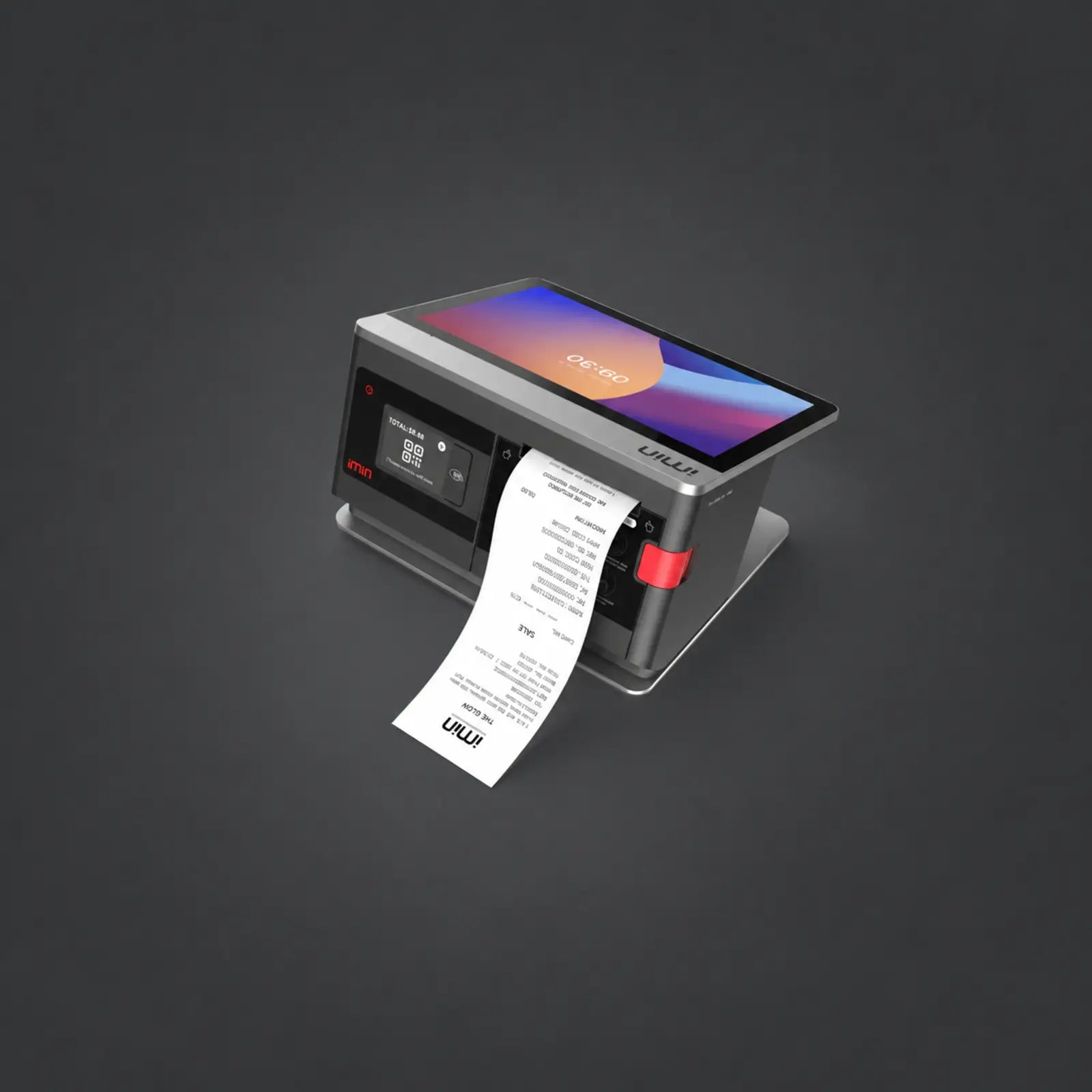 Falcon 1 - 10.1" Touchsystem, Android 11, 80mm Thermodrucker, 2.4" LCD-Kundendisplay, NFC, 4G, 4GB RAM, 32GB ROM – weitere Ansicht auf einheitlichem Anthrazit-Hintergrund