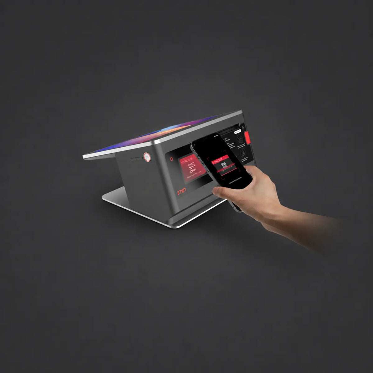 Falcon 1 - 10.1" Touchsystem, Android 11 GMS ( ! KEINE KASSENLADENFUNKTION ! ), 80mm Thermodrucker, 2.4" LCD-Kundendisplay, NFC, 4G, 4GB RAM, 32GB ROM – weitere Ansicht auf einheitlichem Anthrazit-Hintergrund