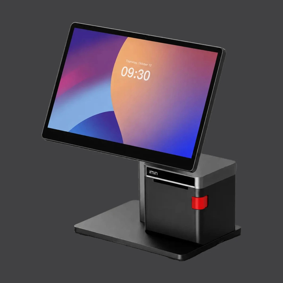 Swan 2 - 15.6" Touchsystem, 80mm Bondrucker, Android 13 mit GMS, 4GB RAM, 64GB ROM – Produktansicht auf einheitlichem Anthrazit-Hintergrund