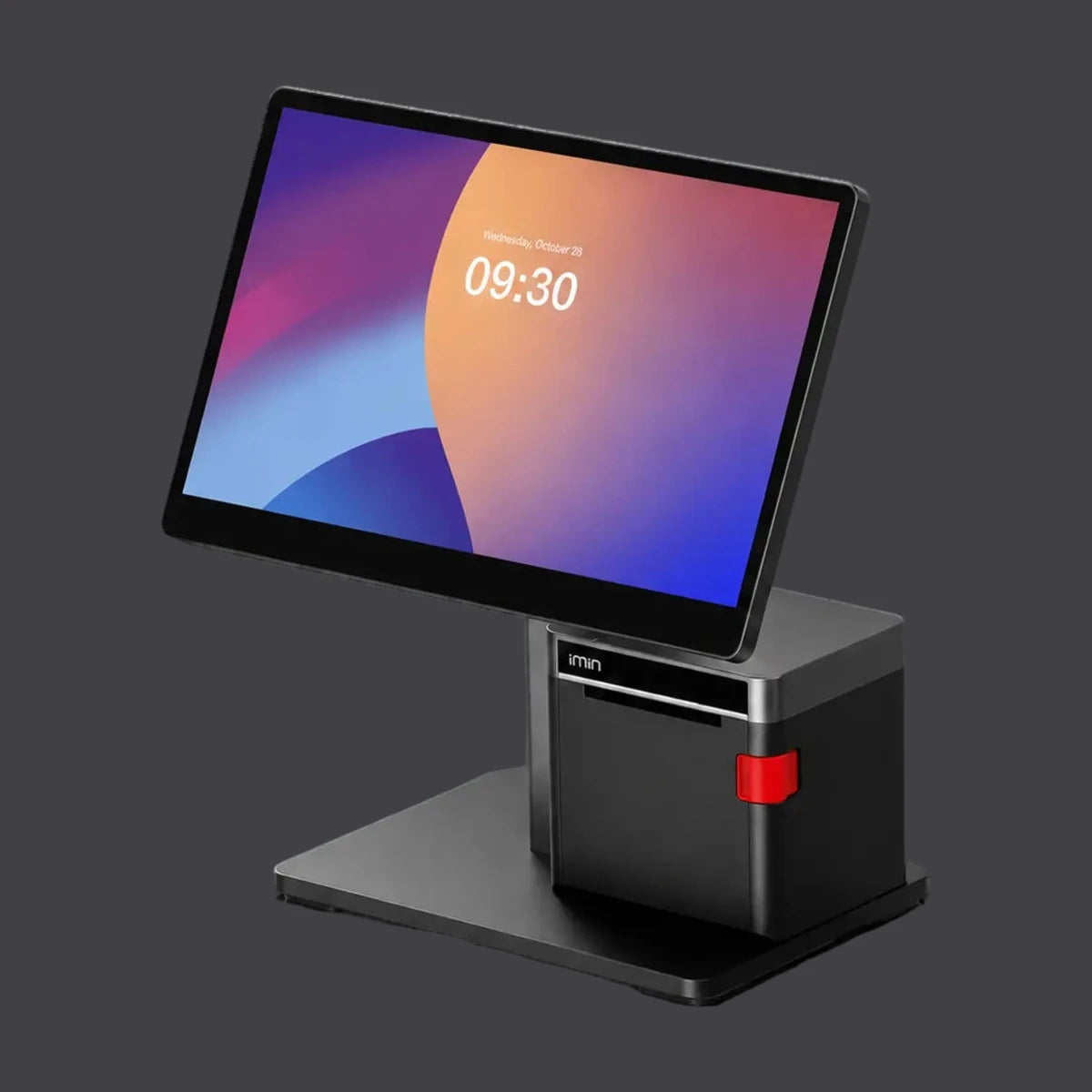 iMin Swan 2 - 15.6" Touchsystem, 80mm Bondrucker, Android 13, 4GB RAM, 64GB ROM – Produktansicht auf einheitlichem Anthrazit-Hintergrund