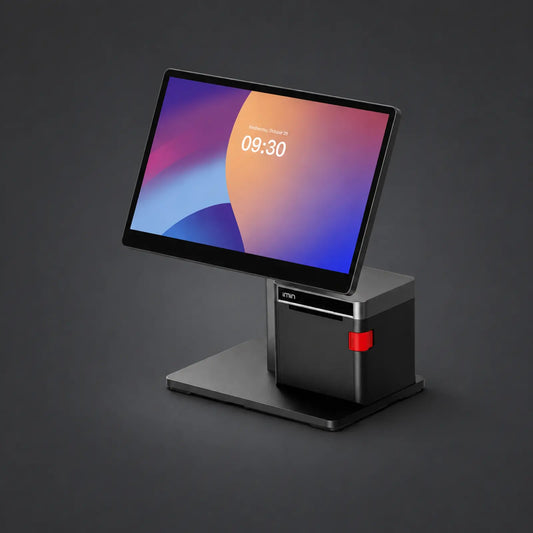 iMin Swan 2 - 15.6" Touchsystem, 80mm Bondrucker, Android 13, 4GB RAM, 64GB ROM – Produktansicht auf einheitlichem Anthrazit-Hintergrund