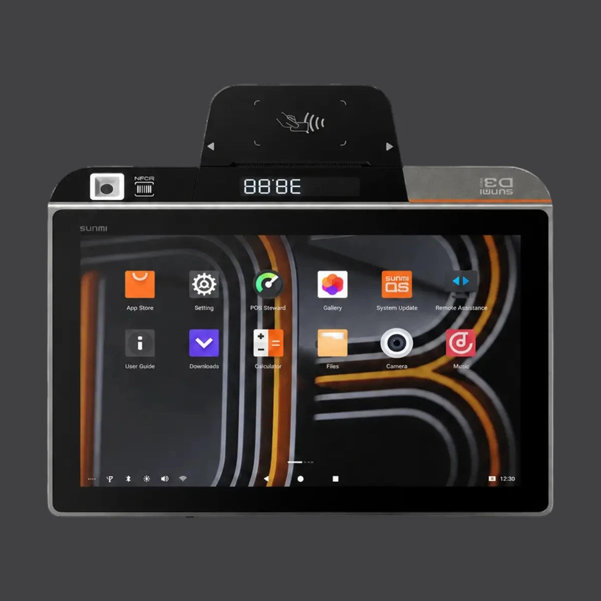 D3 mini - Touchsystem, 10.1" Widescreen Display, Preisanzeige, 58mm Bondrucker, Android 13, NFC – Produktansicht auf einheitlichem Anthrazit-Hintergrund