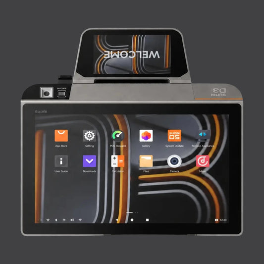 D3 mini - Touchsystem, 10.1" Widescreen Display, LCD Kundendisplay, 80mm Bondrucker, Android 13 mit GMS, NFC, Fingerabdruckleser – Produktansicht auf einheitlichem Anthrazit-Hintergrund