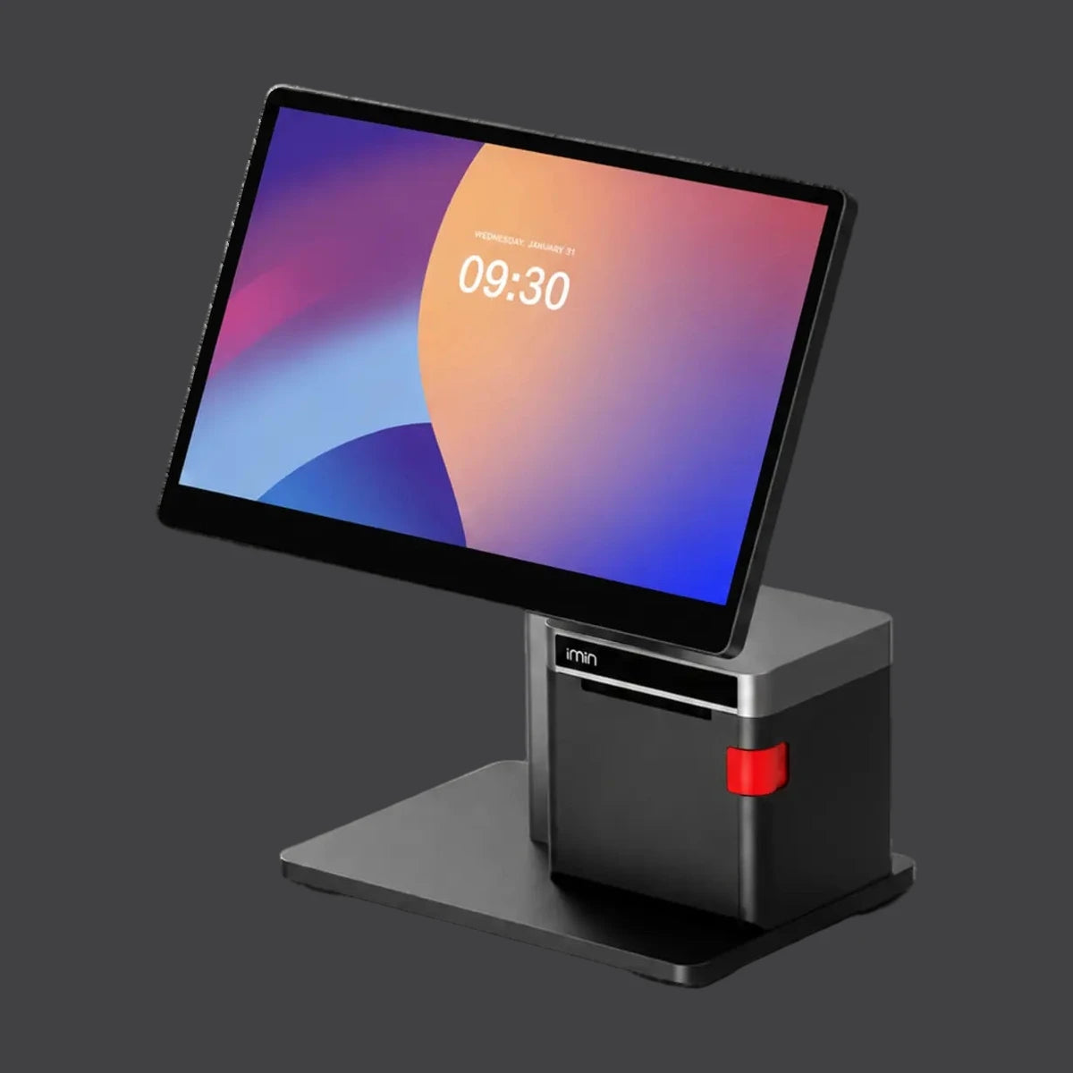 iMin Swan 2 - 15.6" Touchsystem, 10" Kundenanzeige, 80mm Bondrucker, Android 13 mit GMS, 4GB RAM, 64GB ROM – Produktansicht auf einheitlichem Anthrazit-Hintergrund