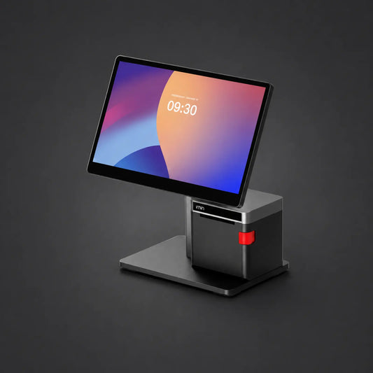 iMin Swan 2 - 15.6" Touchsystem, 10" Kundenanzeige, 80mm Bondrucker, Android 13 mit GMS, 4GB RAM, 64GB ROM – Produktansicht auf einheitlichem Anthrazit-Hintergrund