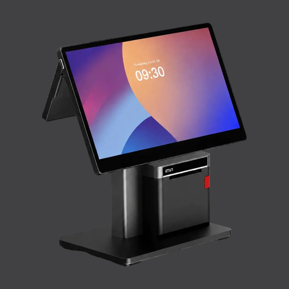 iMin Swan 2 - 15.6" Touchsystem, 10" Kundenanzeige, 80mm Bondrucker, Android 13, 4GB RAM, 64GB ROM – Produktansicht auf einheitlichem Anthrazit-Hintergrund