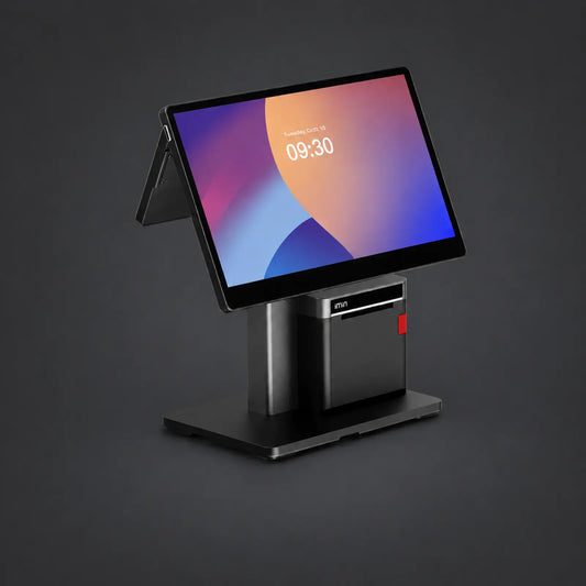 iMin Swan 2 - 15.6" Touchsystem, 10" Kundenanzeige, 80mm Bondrucker, Android 13, 4GB RAM, 64GB ROM – Produktansicht auf einheitlichem Anthrazit-Hintergrund