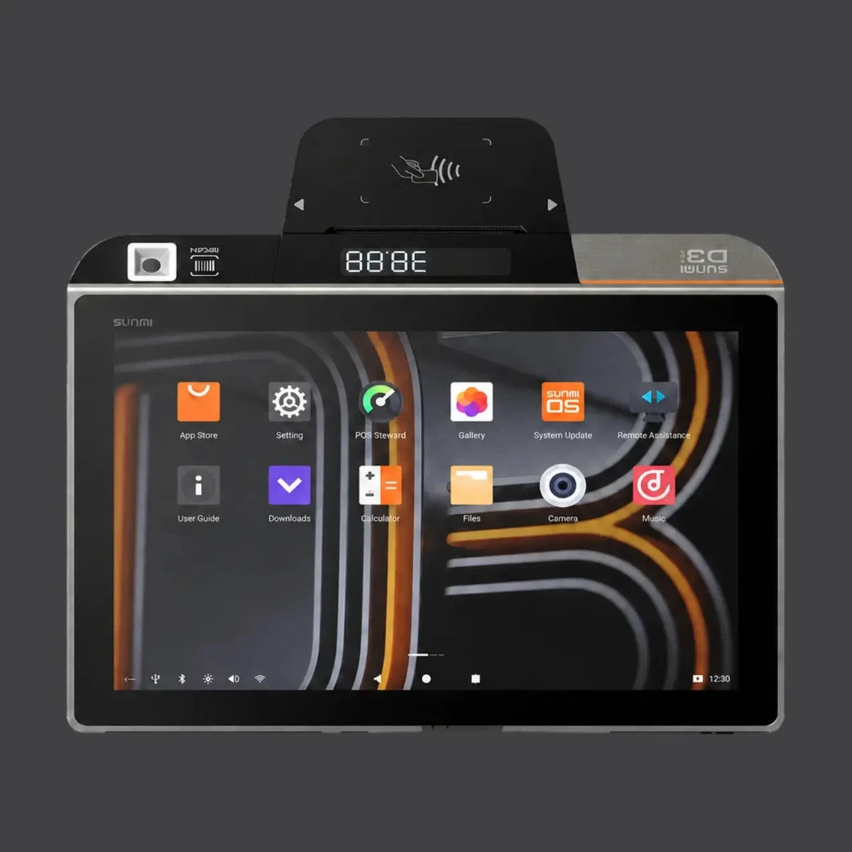 D3 mini - Touchsystem, 10.1" Widescreen Display, Preisanzeige, 58mm Bondrucker, Android 13, NFC, 4G, Akku – Produktansicht auf einheitlichem Anthrazit-Hintergrund