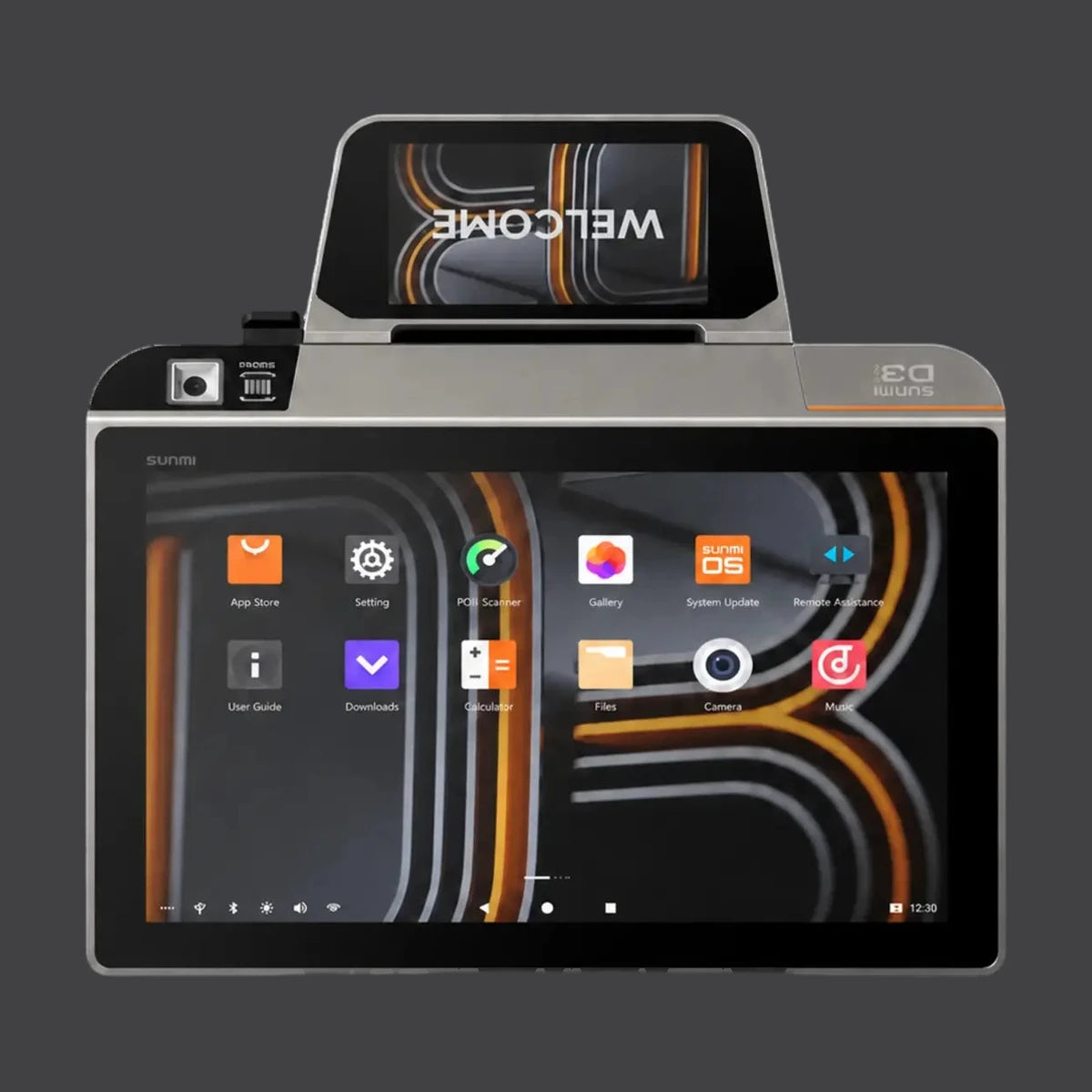 D3 mini - Touchsystem, 10.1" Widescreen Display, LCD Kundendisplay, 80mm Bondrucker, Android 13, NFC – Produktansicht auf einheitlichem Anthrazit-Hintergrund