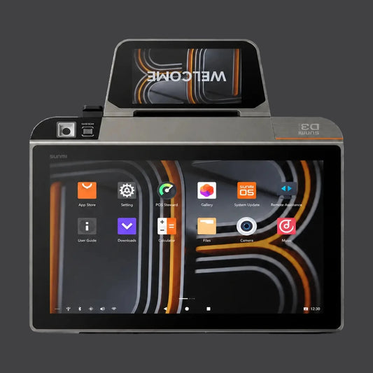 D3 mini - Touchsystem, 10.1" Widescreen Display, LCD Kundendisplay, 80mm Bondrucker, Android 13, NFC, 4G – Produktansicht auf einheitlichem Anthrazit-Hintergrund