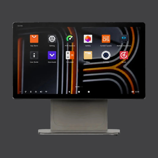 D3 PRO - Touchsystem, 15.6" Widescreen Display, Android 13 mit GMS, Fingerabdruckleser – Produktansicht auf einheitlichem Anthrazit-Hintergrund