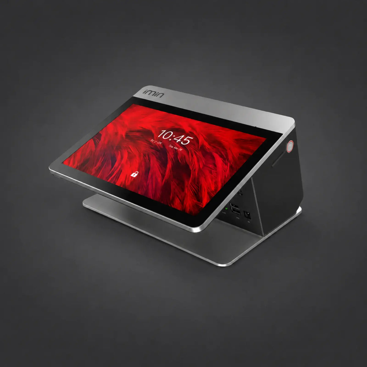 Falcon 1 - 10.1" Touchsystem, Android 11, 80mm Thermodrucker, 2.4" LCD-Kundendisplay, NFC, 4G, 4GB RAM, 32GB ROM – Produktansicht auf einheitlichem Anthrazit-Hintergrund