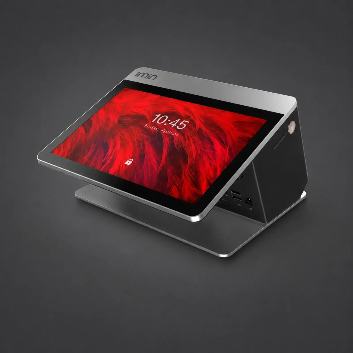 Falcon 1 - 10.1" Touchsystem, Android 11 GMS ( ! KEINE KASSENLADENFUNKTION ! ), 80mm Thermodrucker, 2.4" LCD-Kundendisplay, NFC, 4G, 4GB RAM, 32GB ROM – Produktansicht auf einheitlichem Anthrazit-Hintergrund