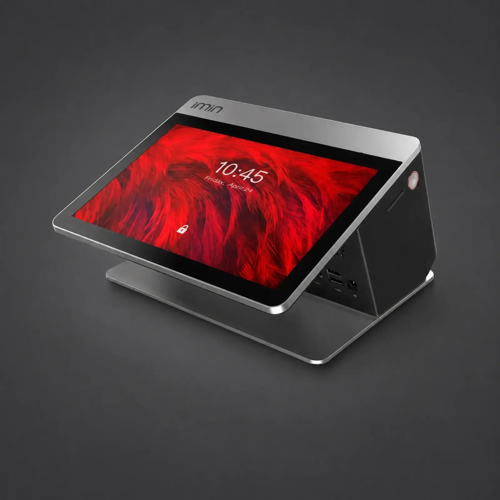 Falcon 1 - 10.1" Touchsystem, Android 11 GMS ( ! KEINE KASSENLADENFUNKTION ! ), 80mm Thermodrucker, 2.4" LCD-Kundendisplay, NFC, 4G, 4GB RAM, 32GB ROM – Produktansicht auf einheitlichem Anthrazit-Hintergrund