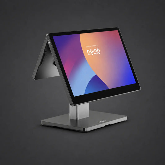 Swan 2 - 15.6" Touchsystem, 10" Kundenanzeige, Android 13 mit GMS, 4GB RAM, 64GB ROM – Produktansicht auf einheitlichem Anthrazit-Hintergrund