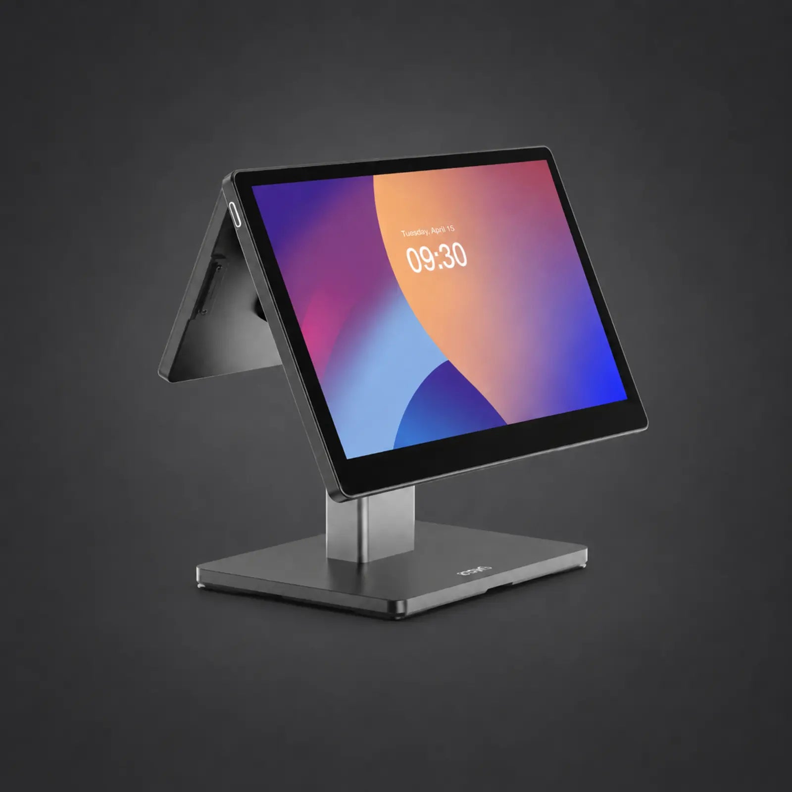 Swan 2 - 15.6" Touchsystem, 10" Kundenanzeige, Android 13, 4GB RAM, 64GB ROM – Produktansicht auf einheitlichem Anthrazit-Hintergrund