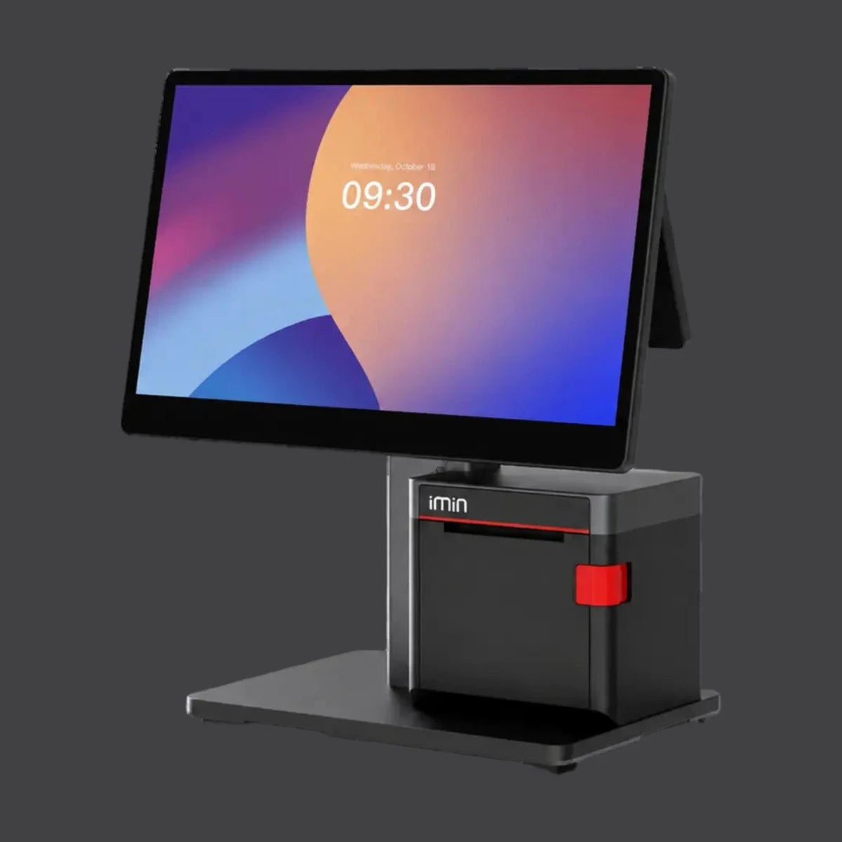Swan 2 - 15.6" Touchsystem, 80mm Bondrucker, Android 13 mit GMS, 4GB RAM, 64GB ROM – weitere Ansicht auf einheitlichem Anthrazit-Hintergrund